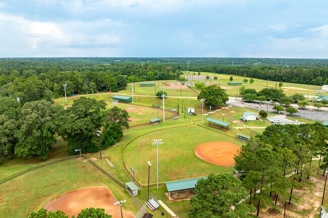 Veterans Park includes several ballfields and nearby parking areas.