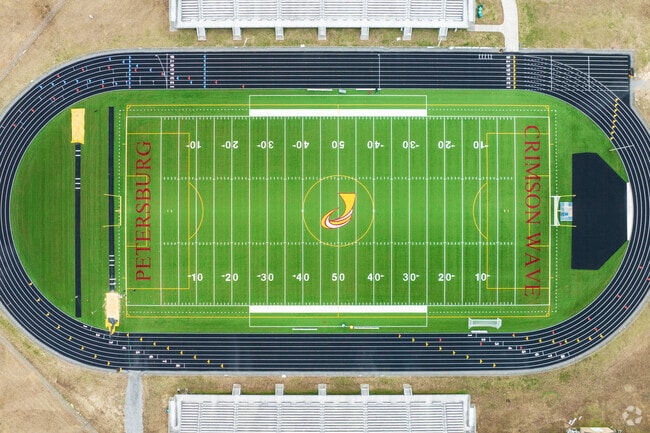 An aerial view of the football field at Petersburg High School.