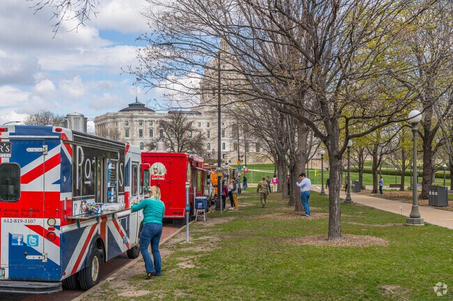 Food trucks line the streets for lunch in the nearby Capitol Plaza.