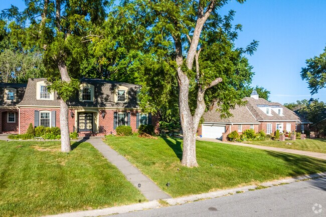 Large homes sit on shaded lots with mature trees in the Luff Neighborhood.
