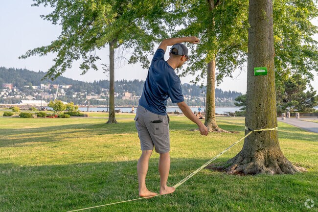 Walk a tightrope in the shade at Zuanich Point Park near Lettered Streets.