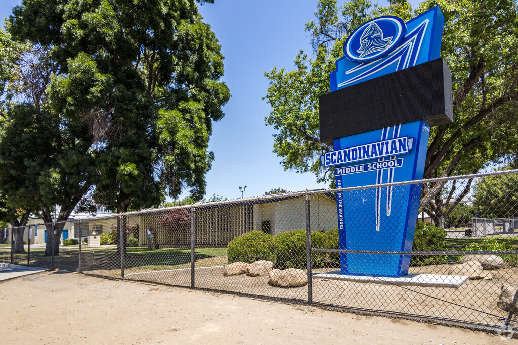 The entrance to Scandinavian Middle School in the McLane neighborhood welcomes Fresno students.