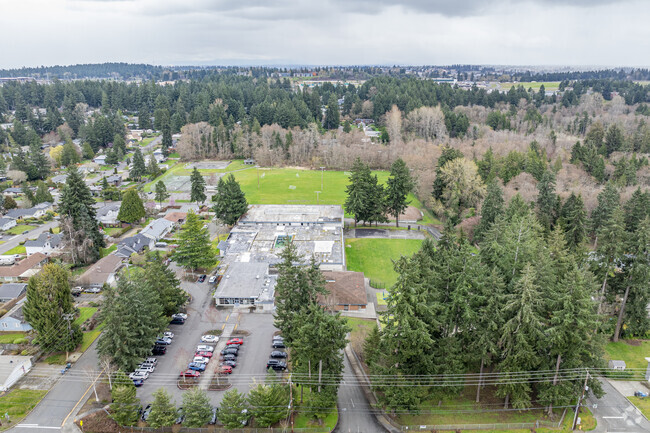 Aerial perspective showing green space for Whittier Elementary School.