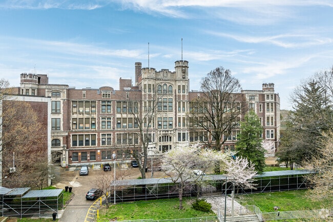 Crenellations give Frankford High School a very distinctive architectural look.