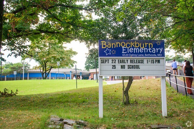 View of the Bannockburn Elementary School sign located in 
Bannockburn, Bethesda MD.