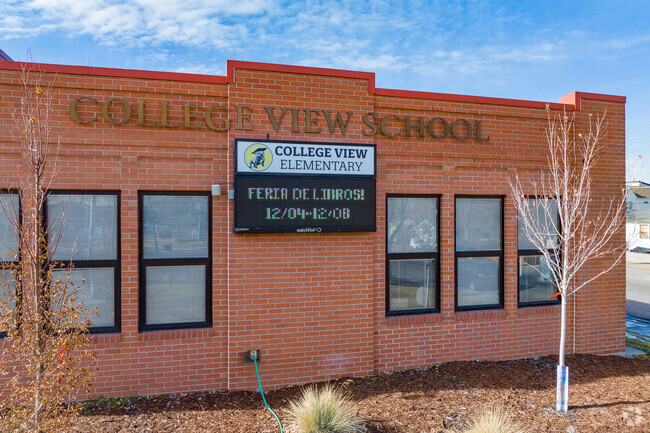 Sign at College View Elementary School on a warm winter day in Denver, Colorado.