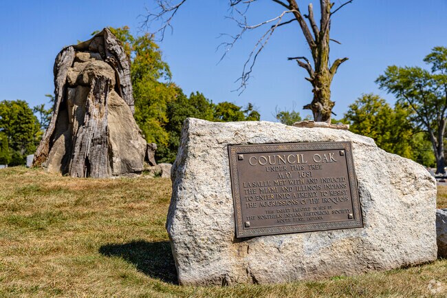 A stump marks the site where La Salle signed the Council Oak treaty with the Miami and Illinois.