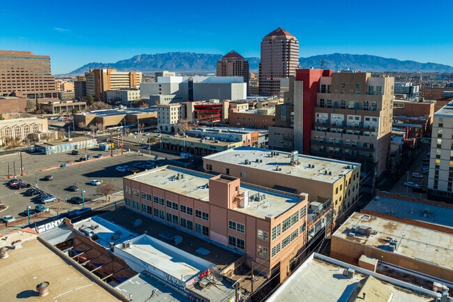 Siembra Leadership High School, downtown Albuquerque and the Sandia Mountains.