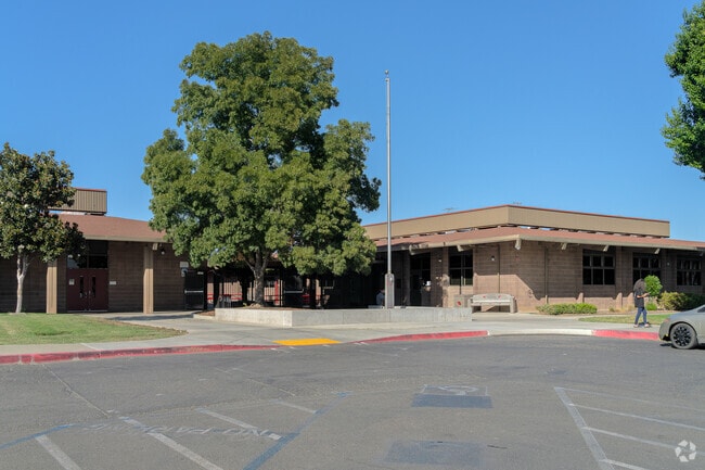 The large tree provides shade for students waiting for parents at Willows Intermediate School.