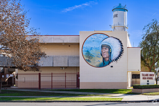 Tulare Union High School mascot is part of the architecture.