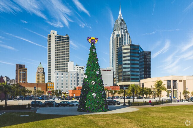 Mardi Gras Park decorates a Mardi Gras Tree every year in Downtown Mobile.
