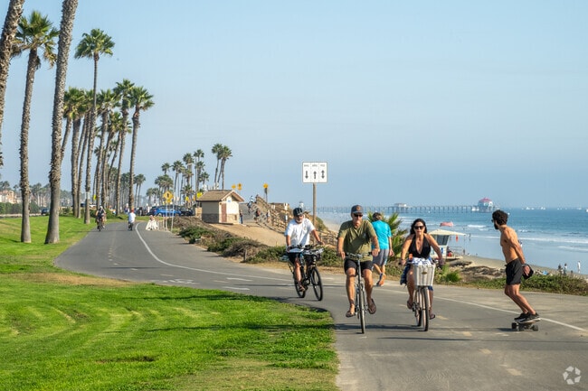 The scenic Huntington Beach Bicycle Trail runs 8.4 miles along the Pacific Ocean waterfront.