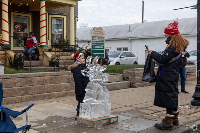 Residents enjoy the ice sculptures at Christmas on the Canal in Canal Fulton, Ohio.