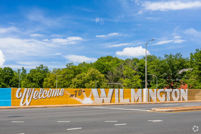 The Welcome to Wilmington mural runs along an I-95 overpass into Downtown Wilmington.