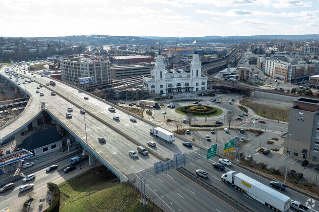 This is downtown Worcester showing Rte. 290 and Union Station.