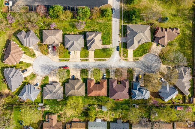 Aerial view of Parkcrest’s symmetrical duplexes nestled in a suburban cul-de-sac.
