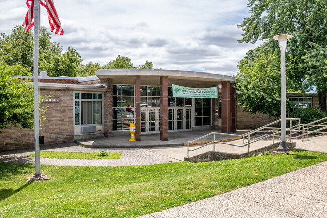 The front of the school from L