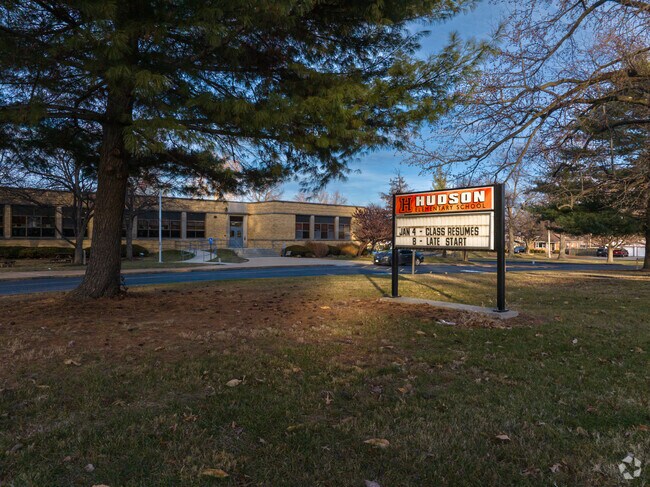 The Hudson Elementary School sign marks the school.