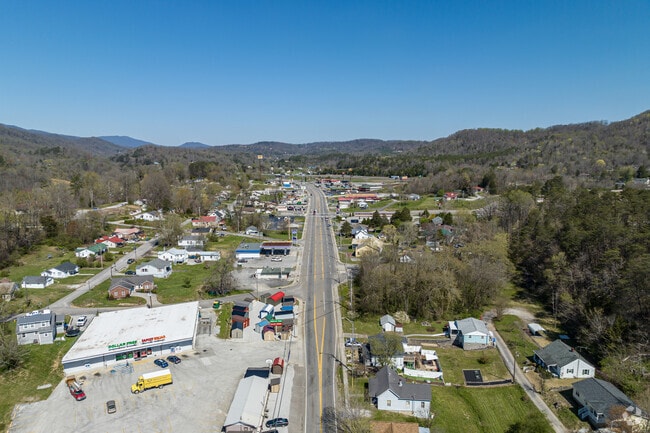 Main Street in Rocky Top has scenic views of the hills.