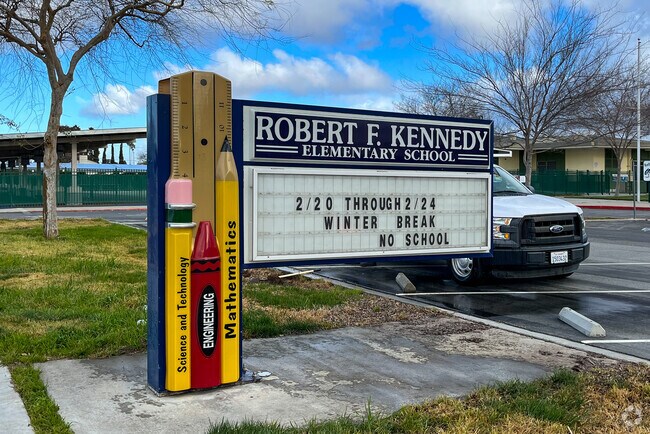 Stationary-themed signage welcomes students at Robert F. Kennedy Elementary School, Kennedy, CA.
