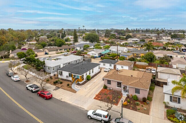 An elevated view of bungalows in the Rolando Village historic district.