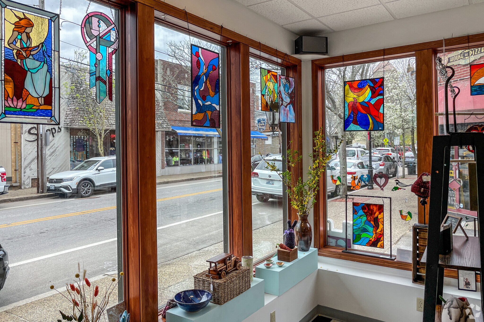 Stained glass in the window of Made In Warren on Main Street in Downtown Warren is artful.