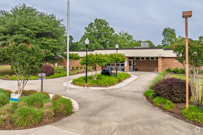 The front entrance of Bolivia Elementary School is beautifully landscaped and inviting.