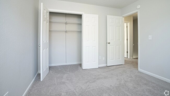 Spacious guest bedroom featuring a large closet with built-in shelving and plush carpeting, perfect for a cozy and inviting guest space.