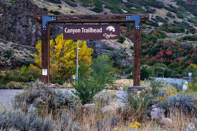 A wood and rustic metal sign mark Canyon Trailhead.