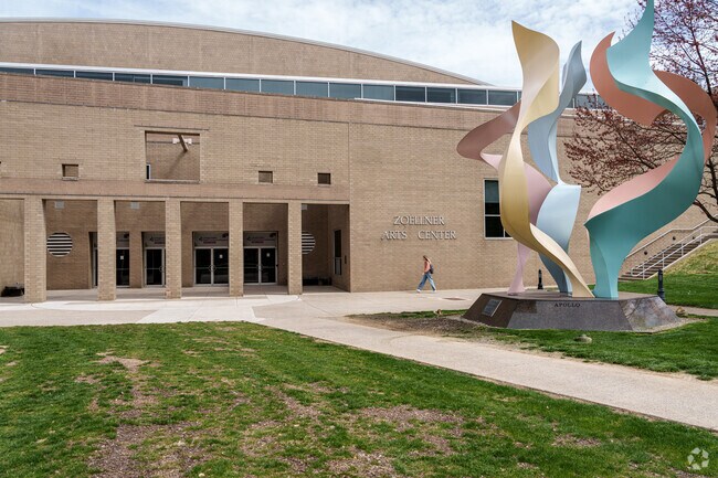 A pastel-hued sculpture greets visitors to Lehigh University's Zoellner Arts Center.