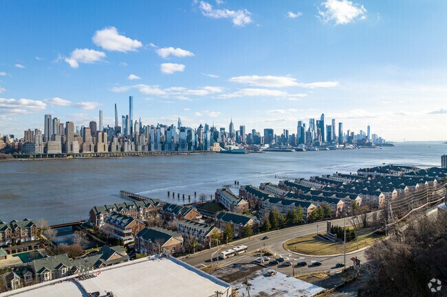 Views from Galaxy Towers in Guttenberg include the Hudson River and Manhattan skyline.