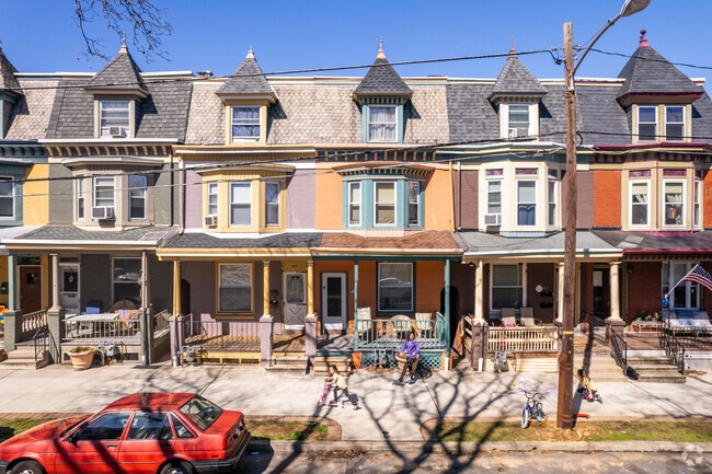 The row homes of West Reading frequently include front porches to enjoy the neighborhood.