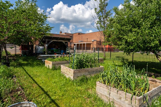 Washington Elementary School has garden beds for students to plant.