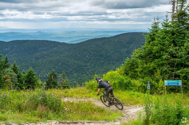 A mountain biker starts their descent down the Ebascootcha trail at Bolton Valley Resort.