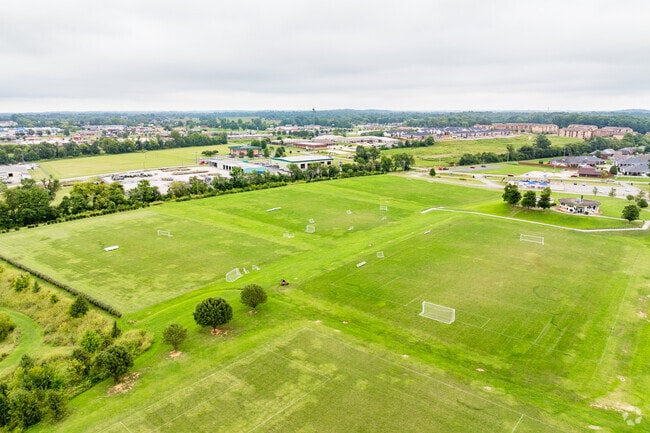 Horse Fork Creek Park is a large space with soccer fields, a playground, and nearby pond.