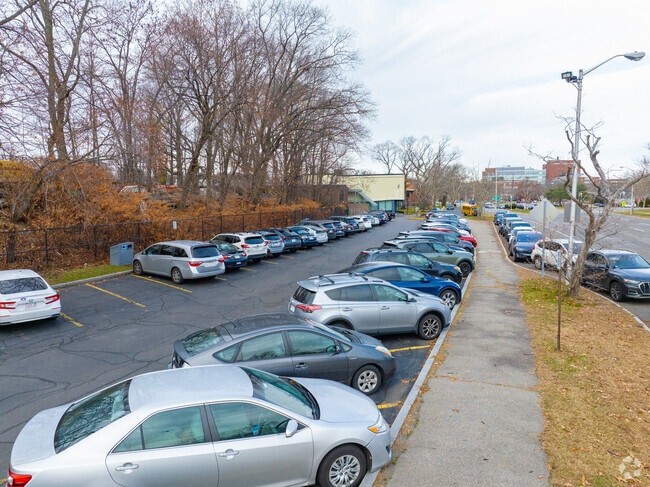 There's an elongated parking lot at Buckingham Browne & Nichols School in West Cambridge.