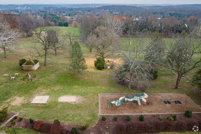 Three playgrounds and playing fields are located in the central area of Glenelg Country School.
