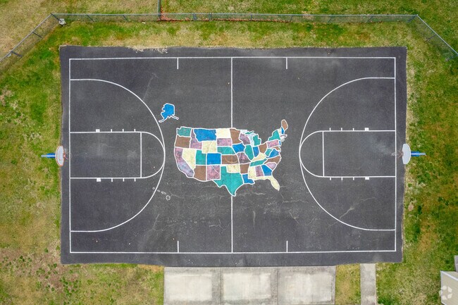 Students can practice their game or learn about the states on the basketball court.