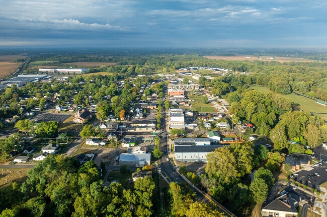 An overview of the downtown area of Yorktown, IN and the town's Main Street.
