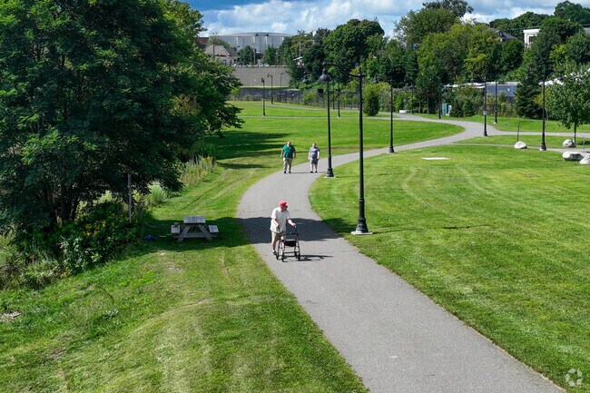 Waterfront Park runs along the bank of the Penobscot River near Downtown Portland.