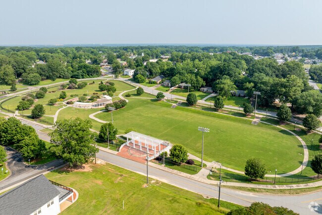 An overview of the Summers Field Park in Barnesville, GA with it's lighted sports field near the town center.
