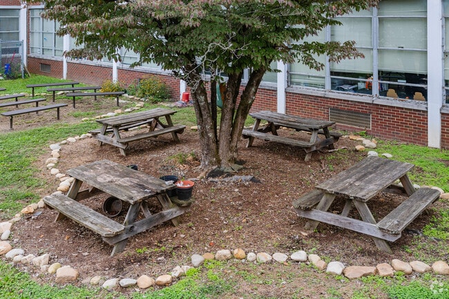 Students enjoy the courtyard tables at Hanes Middle School in Winston-Salem.