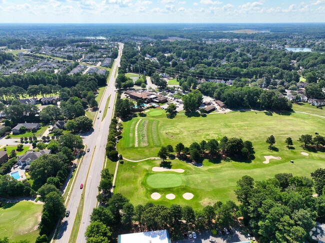 Aerial view of Country Club from a distance with horizon.