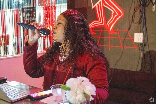 A lady sings a beautiful song at Karaoke night at Ambitions Entertainment in Richton Park, IL.