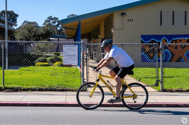A cyclist cruises through Casanova Oak Knoll, where flat streets and ocean air make biking a daily joy.