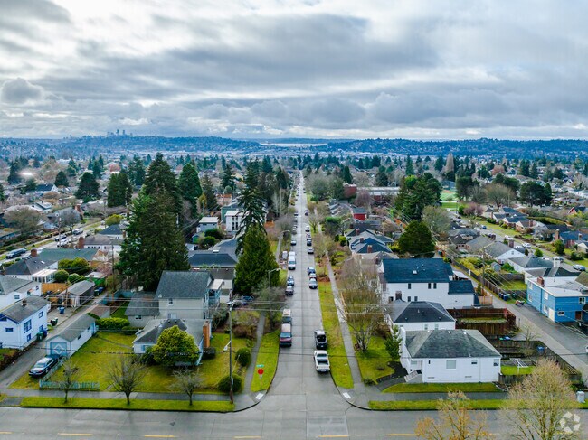 Loyal Heights neighborhood with Ballard and Seattle in the distance.