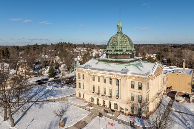The distinctive Oneida County Courthouse is the focal point of downtown Rhinelander.