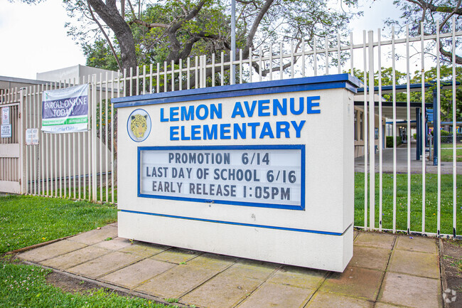 The Lemon Avenue Elementary School sign indicates upcoming dates for events.