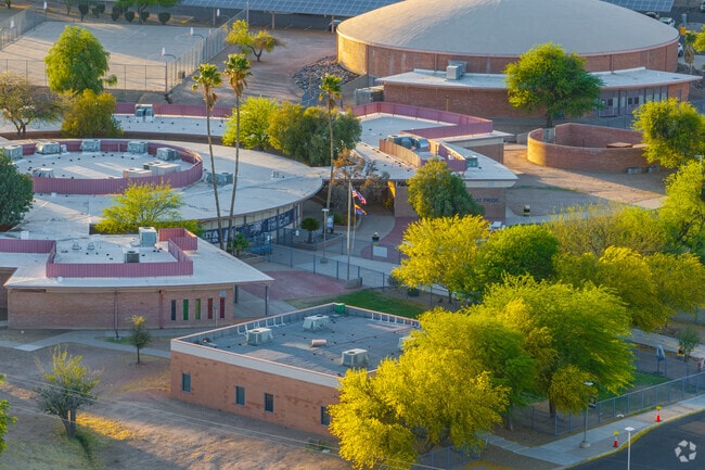 The central hub of Sahuarita Middle School is surrounded by classrooms, sports fields, and shared resources.