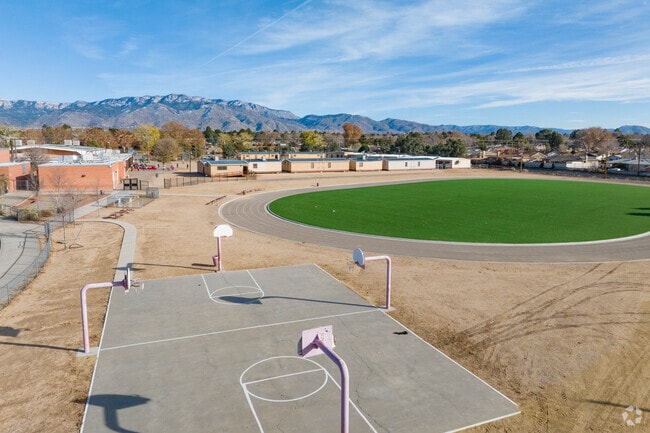 Basketball court and turf field at Cleveland Middle School.